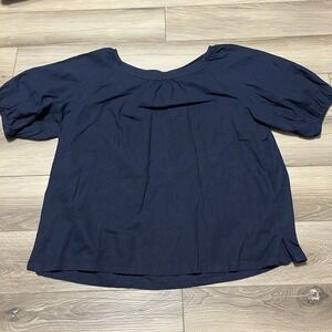 NWT‎ LOFT Womens Navy Blue Flutter Sleeve Shirred LINEN Blouse Small